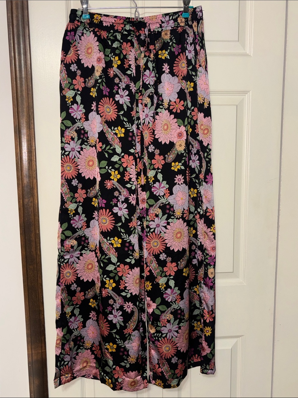 Wide Leg Floral Pants - Black with Pink & Green Floral Print